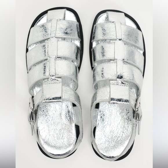 NWOT Zara Metallic Silver Fishermen Sandals - Picture 1 of 10